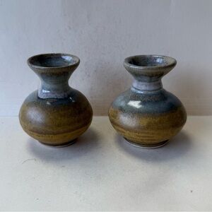 Pair of Vintage Studio Pottery Ceramic Artist Signed 3” Brown and Gray Bud Vases